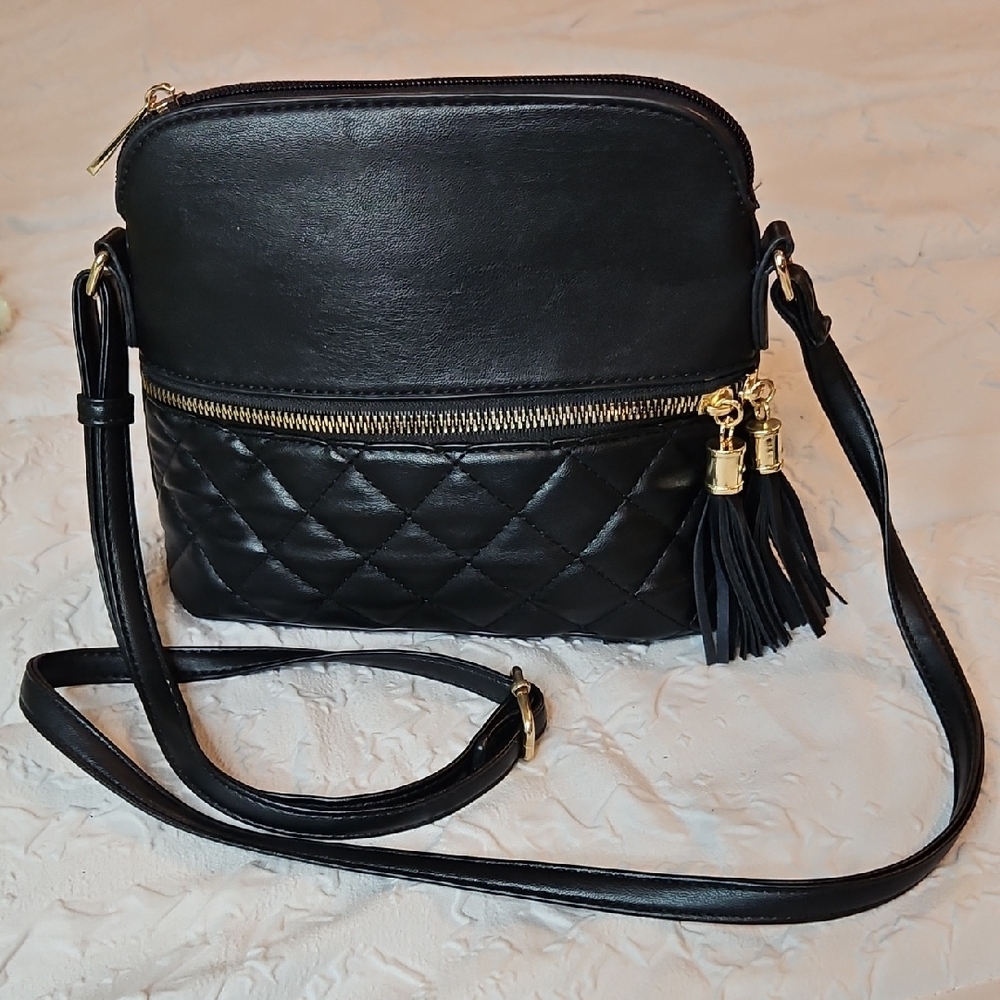 Black and Gold Quilted Crossbody Bag with Tassel